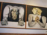 Ecuador Quito Guayasamin 2-09 Museo Guayasamin Reunion en El Pentegono III and IV Oswaldo Guayasam�n�s great triumph is his disturbing Edad de la Ira (Age of Wrath / Anger) series, where massive canvases tower over you with repetitive images of giant clenched hands, faces screaming in agony, skeletal figures that look utterly defeated and bodies in positions of torture. The Reunion en El Pentegono (1970, Meeting at the Pentagon) is a set of five large 179cm x 179cm canvases, with III and IV shown here
